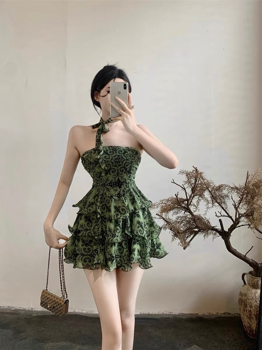 French tie halter neck floral sling dress female summer cake tutu skir Lee Nhi Boutique French tie halter neck floral sling dress female summer cake tutu skir Lee Nhi Boutique