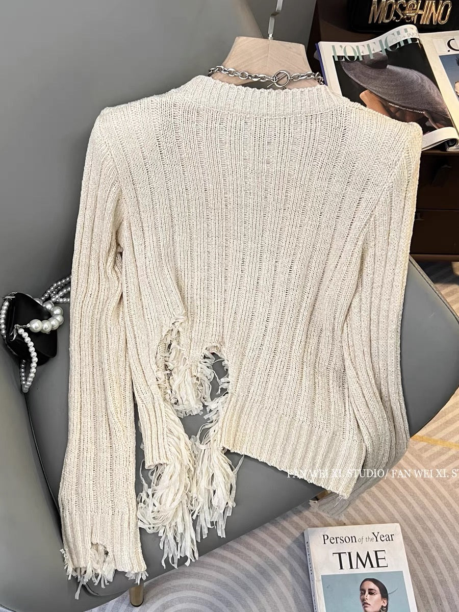 Autumn new design irregular retro versatile slim hole tassel slit round neck sweater women's top (B2212)