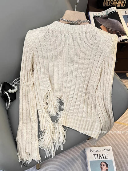 Autumn new design irregular retro versatile slim hole tassel slit round neck sweater women's top (B2212)
