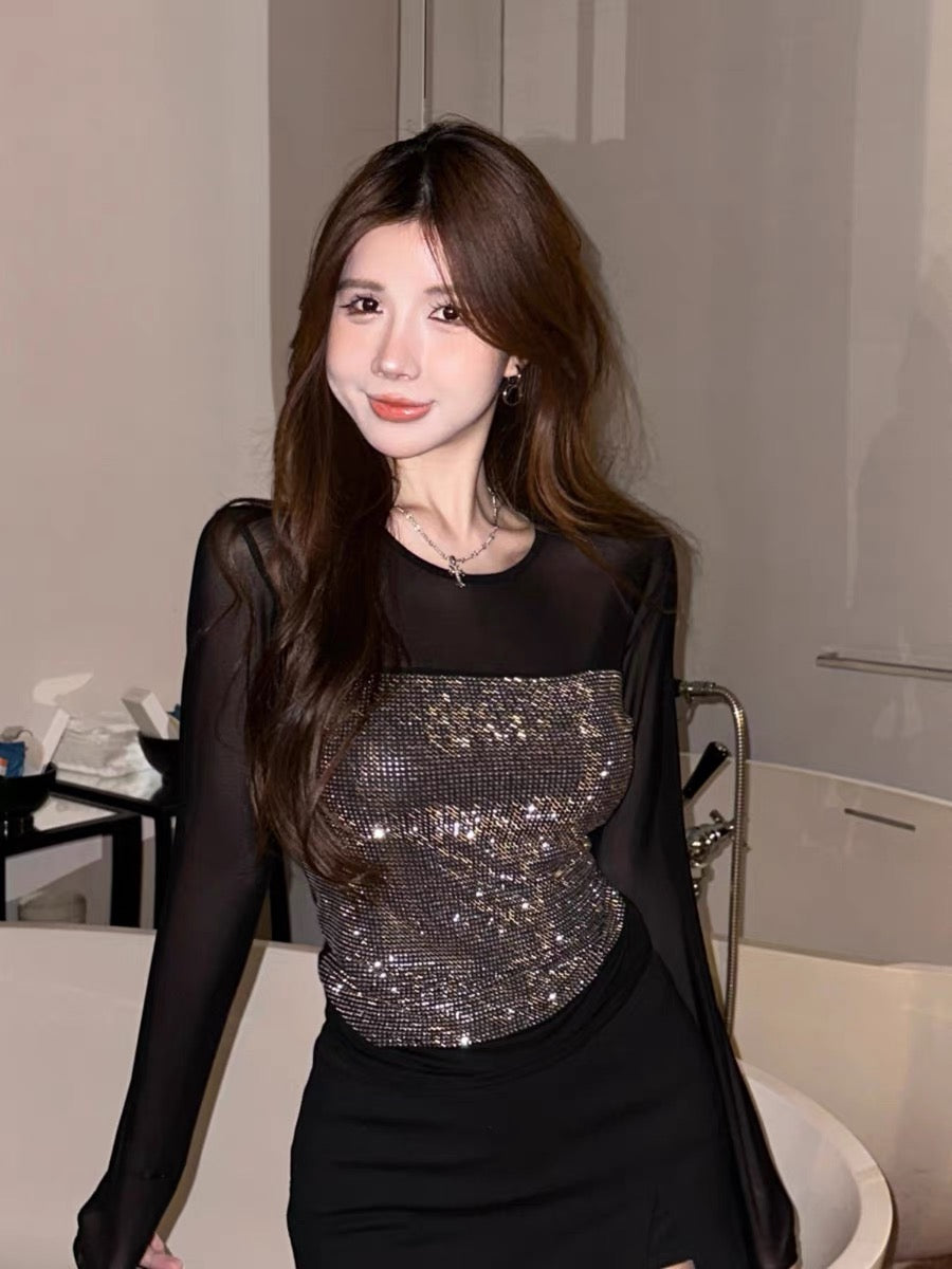 Mesh bottoming shirt for women with autumn and winter thin heavy-duty hot-drilled long-sleeved T-shirt hot girl black short sexy top