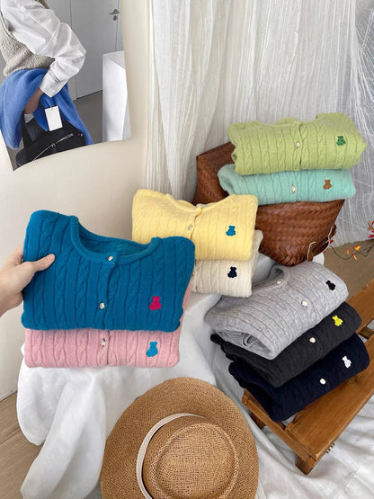 Women's Japanese/Korean-style retro cable-knit cardigan; soft, cozy, and versatile with a round neck and cute bear embroidery—perfect for autumn.