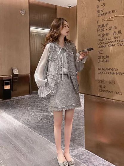 Autumn and winter new style French big-name exquisite celebrity-style shirts, vests, short skirts, three-piece sets with niche design and temperament