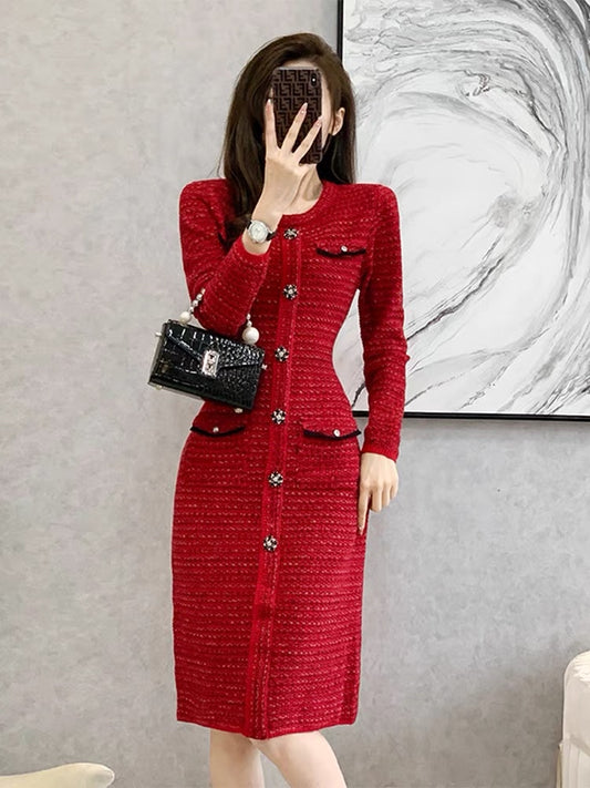 Autumn 2023 new temperament slim knitted dress French retro red western style mid-length hip skirt D7795