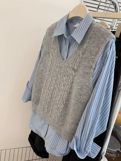 Gray V-neck sweater vest for women in spring and autumn. Small shirt with knitted vest. Layered two-piece spring outfit