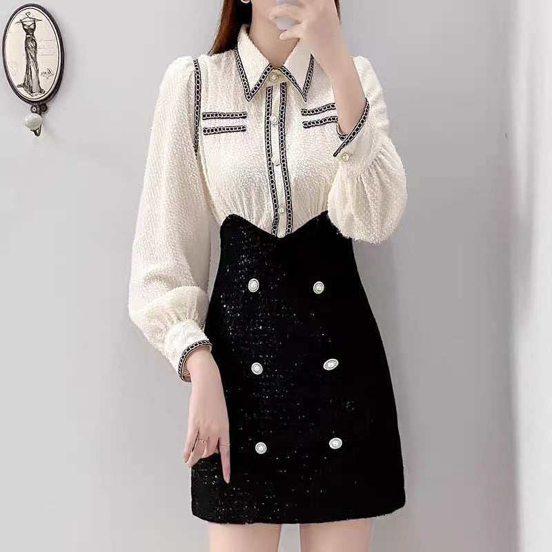 Small dress autumn and winter 2022 new style doll collar temperament waist slimming long-sleeved woolen skirt for women