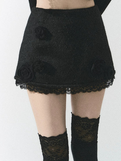 #白塔玫瑰 French lace sweet and spicy skirt for women autumn and winter A-line slim hip skirt sexy short skirt