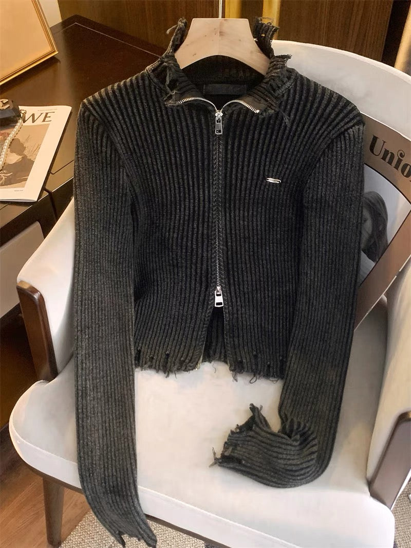 French Style Knitwear Women's 2023 New Autumn Style Old Frayed Khaki Zipper High Collar Lazy Style Caảdigan V1133