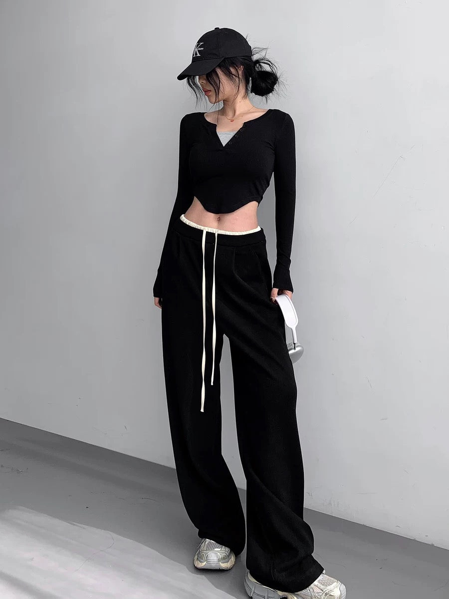 Contrast color splicing casual straight-leg sweatpants for women 2024 spring and autumn new high-waisted slimming versatile sports wide-leg floor-length pants
