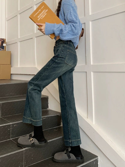 PPHOME Casual and Versatile~ Small straight-leg bootcut jeans for autumn and winter high-waisted cigarette pants and nine-minute long pants