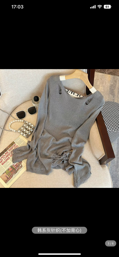 Hollow holed pullover sweater for women early autumn new French thin sun protection sweater lazy long-sleeved top to reduce age