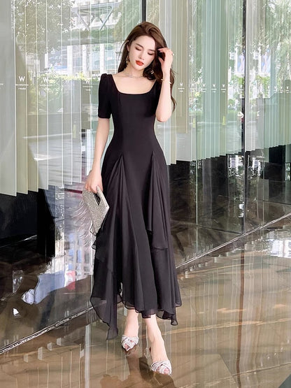 Irregular high waist black dress