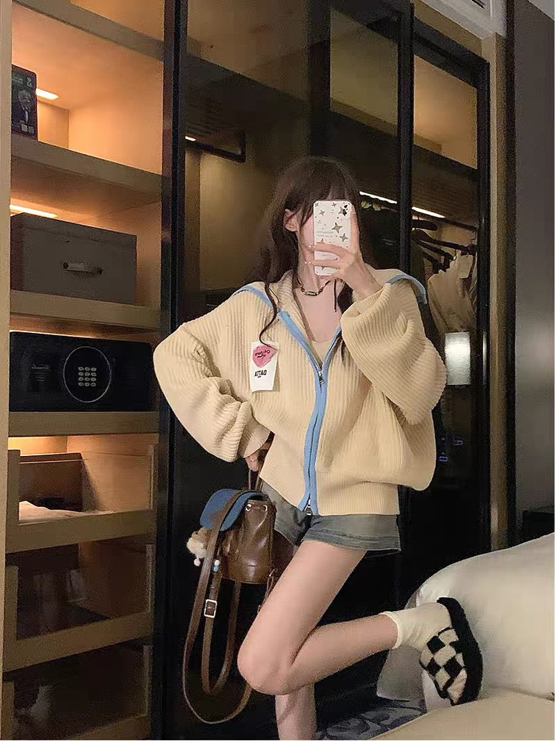 DOPS autumn loose hooded knitted jacket for women petite college