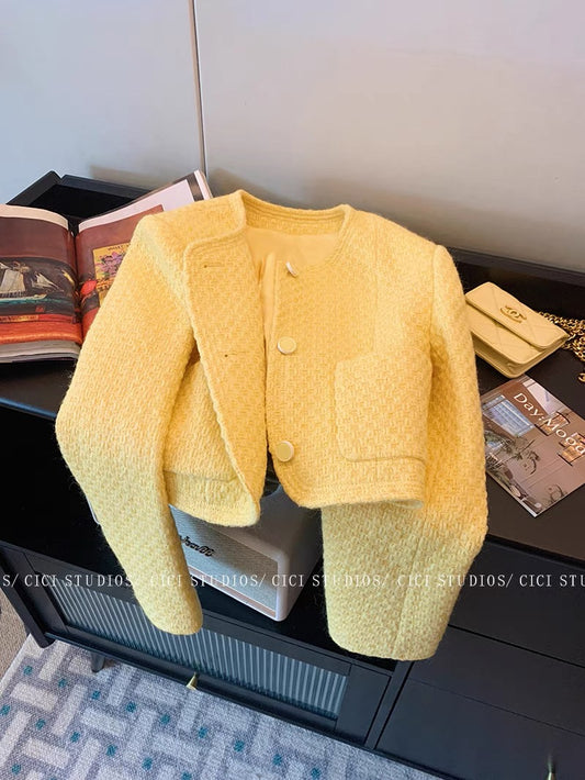 Yellow short round neck small fragrant jacket for women autumn and winter 2023 new Korean style gentle temperament lady woolen top