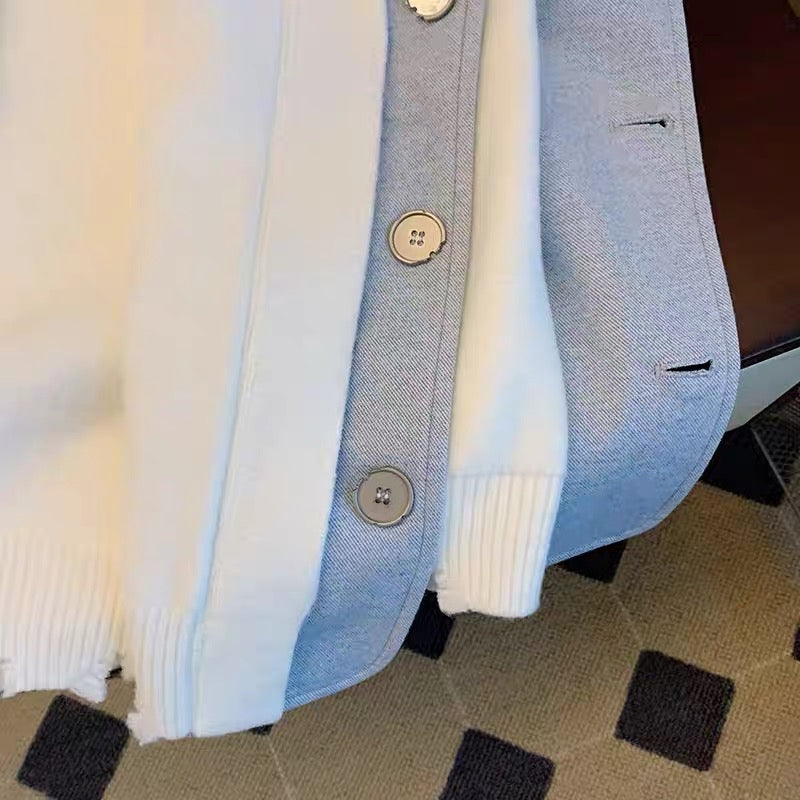 Sweet and high-quality false two-piece suit collar splicing sweater for men and women winter French loose lazy style knitted jacket