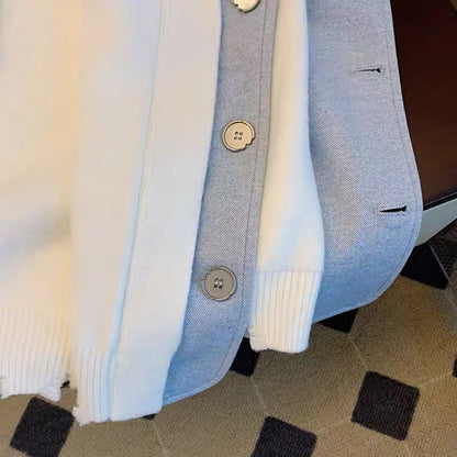 Sweet and high-quality false two-piece suit collar splicing sweater for men and women winter French loose lazy style knitted jacket