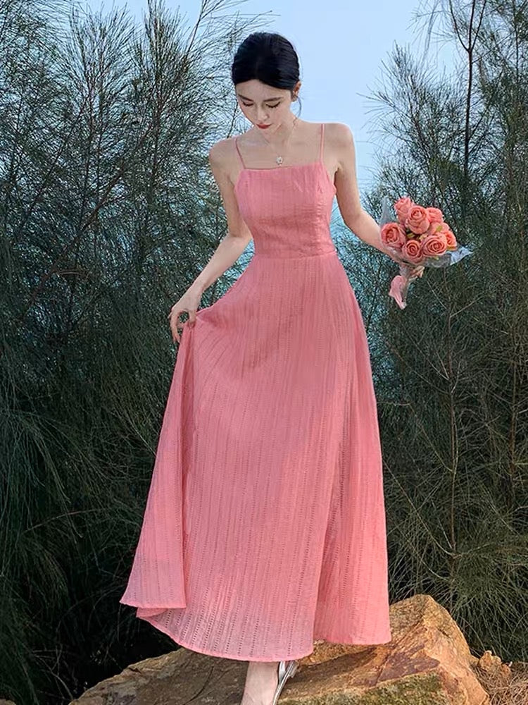 French pink high-end sexy backless suspender dress female summer fairy –  Lee Nhi Boutique