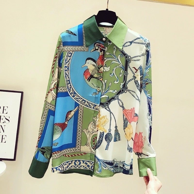 Retro Hong Kong style contrast color shirt women's high-end niche chiffon long-sleeved top 2023 spring and autumn new design sense