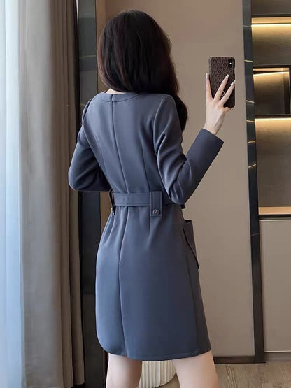 2023 Autumn New Simple Commuting Temperament Short Skirt Women's Light Luxurious Elegant Waist Slimming Long Sleeve Dress D7798