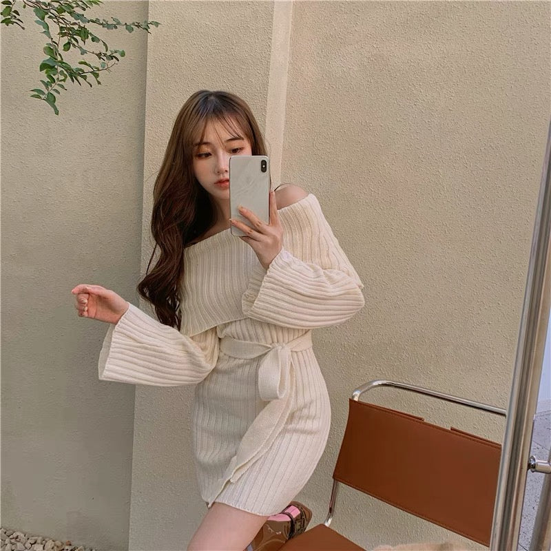 One-shoulder knitted bottoming dress for women in autumn and winter new slim-fitting long-sleeved waist slimming versatile hip-covering short skirt