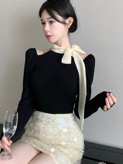 Autumn clothing, versatile halter neck, bow tie, slimming sweater for women, empty shoulder, long-sleeved top, layered with bottoming shirt