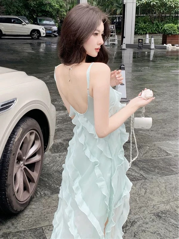 French V-neck ruffled temperament suspender dress 2023 new women's summer high-end chic and beautiful long skirt