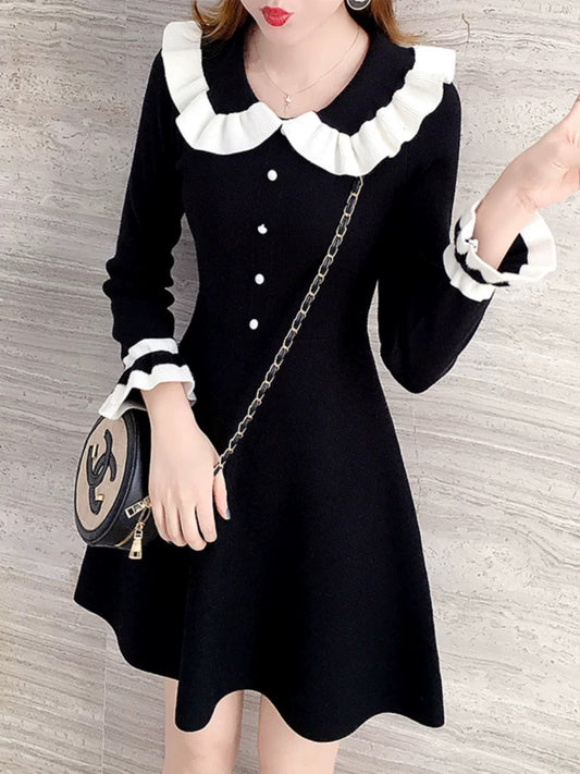 Black lotus leaf collar knitted dress for women in autumn and winter, waist slimming mid-length sweater dress, super fairy temperament bottoming skirt