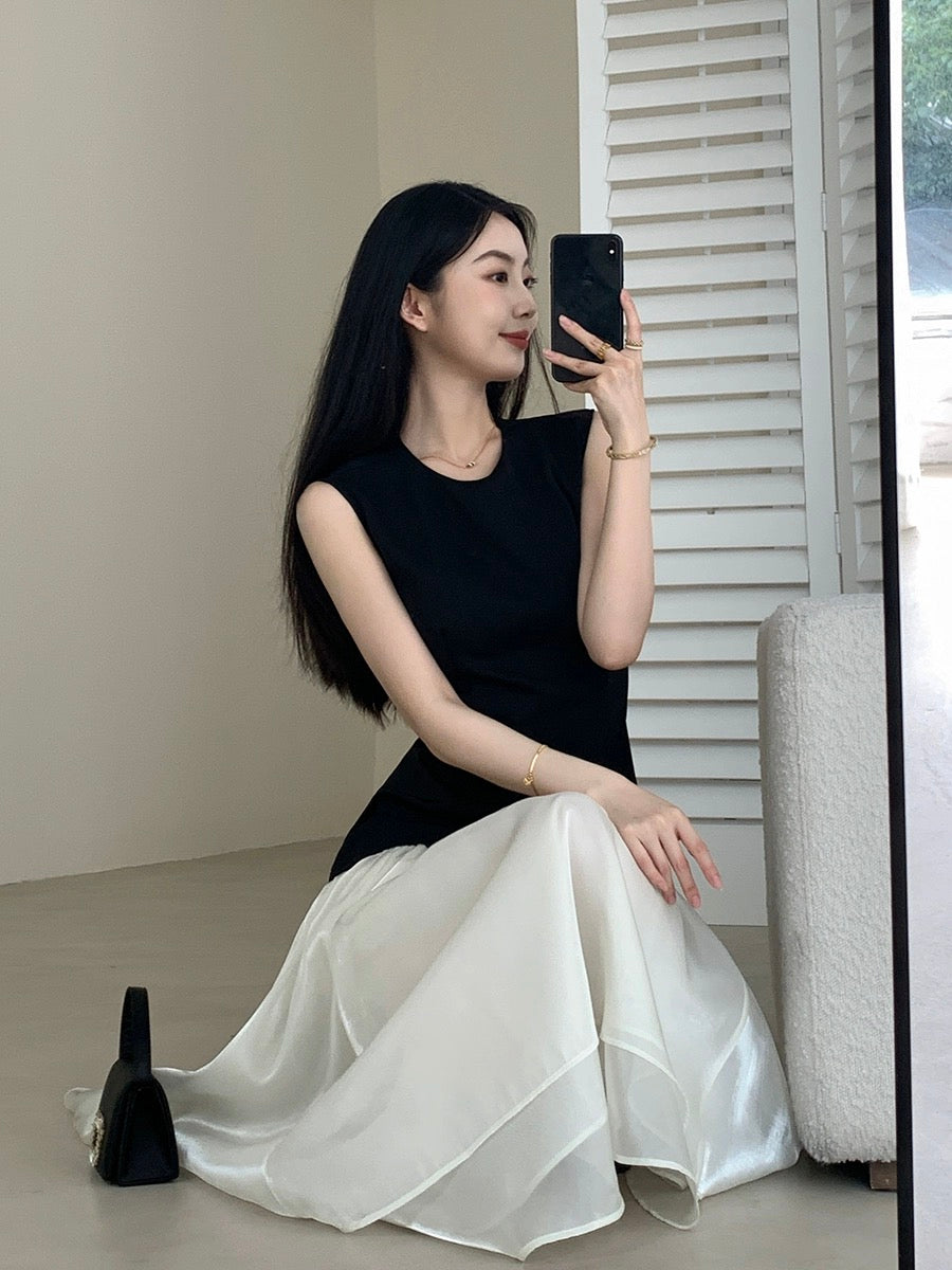 FT GUOGE black dress female 2024 summer new French style waist slim contrast color sleeveless long dress