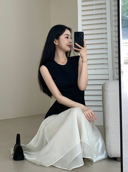 FT GUOGE black dress female 2024 summer new French style waist slim contrast color sleeveless long dress
