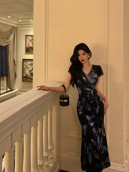 Ge Fuzhen Velvet Butterfly Print Dress Women 2024 Summer New Retro Style V-neck Lace-up Waist Long Dress