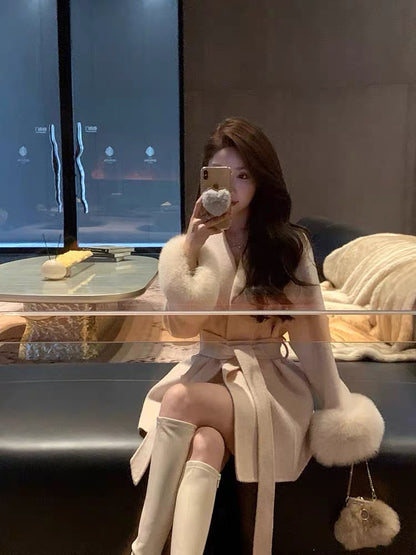JustQn [Paris Lovers] Customized high-weight fabric Fengshen full wool fox fur double-sided woolen coat A3311