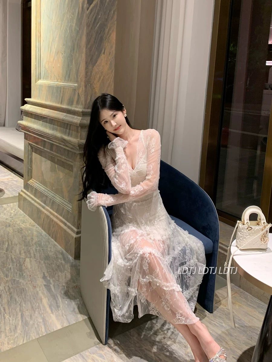LDTJ Haute Couture 23 Autumn and Winter New Celebrity Banquet Date French Atmosphere Pure Desire Lace Bottoming Fairy Dress for Women