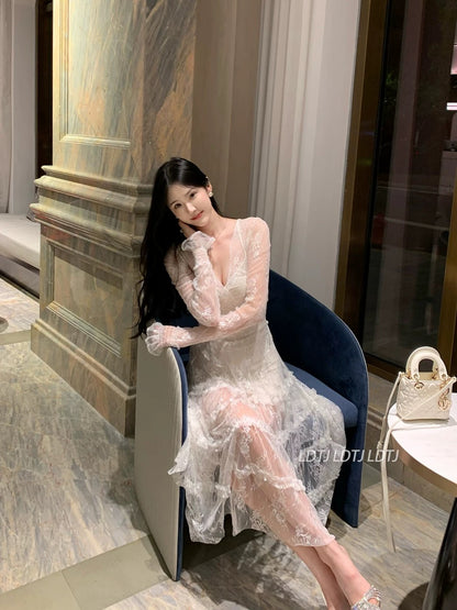 LDTJ Haute Couture 23 Autumn and Winter New Celebrity Banquet Date French Atmosphere Pure Desire Lace Bottoming Fairy Dress for Women