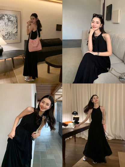 pusumede black halter dress female temperament loose large swing sleeveless off-shoulder French holiday style long dress
