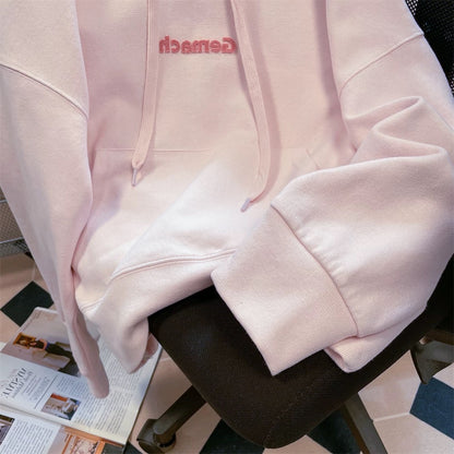 American style pink sweet and spicy letter embroidered hooded sweatshirt for men and women spring and autumn chic lazy Hong Kong style petite top
