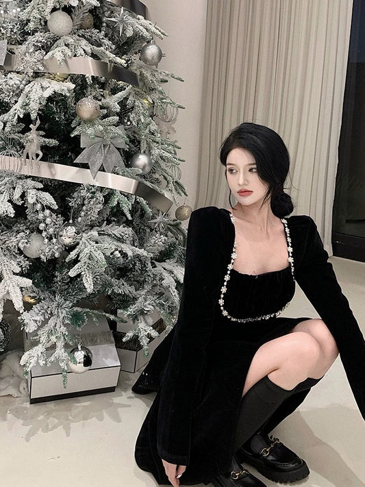 Fat mm French socialite heavy industry velvet dress autumn and winter 2022 large size high-end evening dress little black dress for women