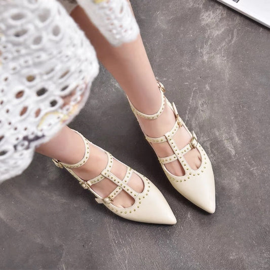 Women's spring rivet high-heeled shoes thick-heeled leather single shoes pointed-toe Mary Jane shoes mid-heel one-word buckle small size 33 straps
