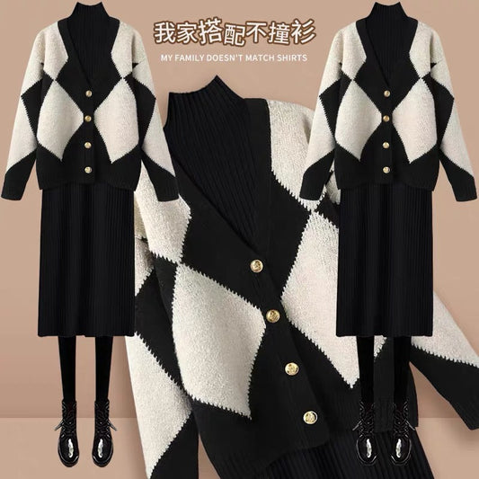 Xiaoxiangfeng thickened rhombus V-neck soft waxy sweater jacket for women 2023 autumn and winter temperament knitted dress two-piece set (S0346)