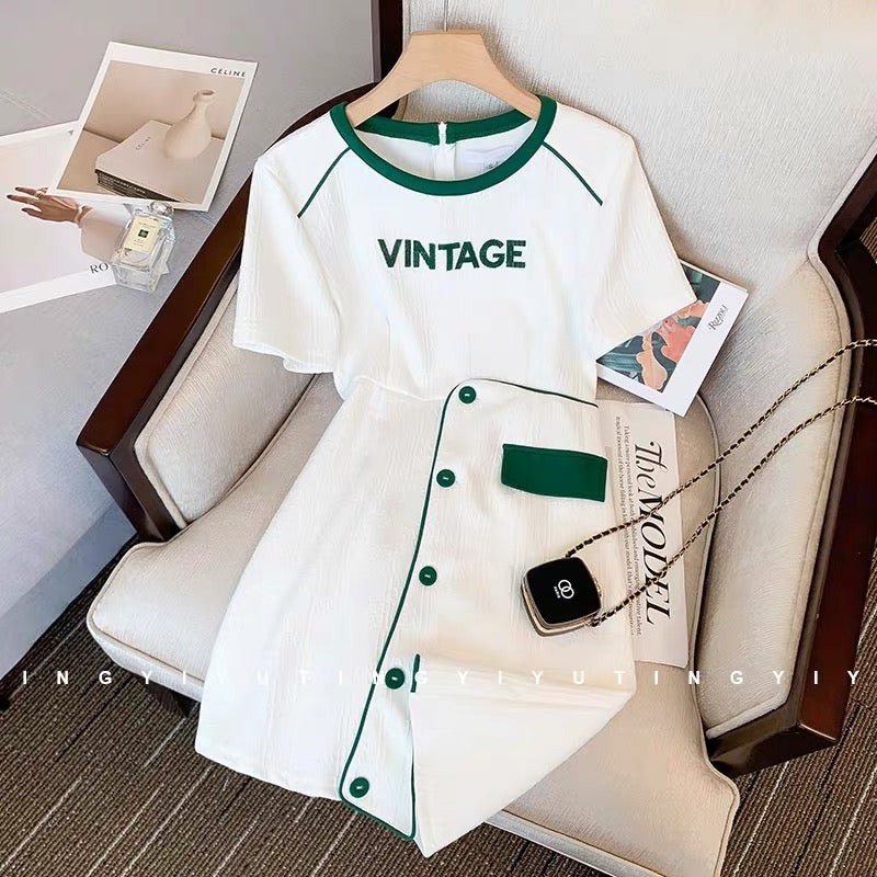 Chic and unique design, contrasting color casual dress, women's waist slimming, high-end, summer short skirt for small people