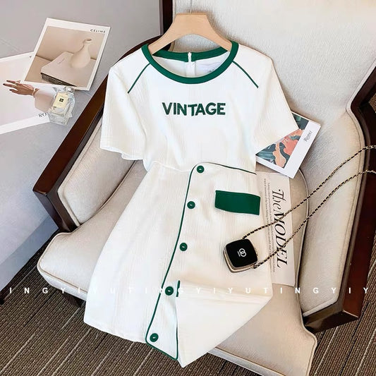 Chic and unique design, contrasting color casual dress, women's waist slimming, high-end, summer short skirt for small people