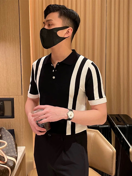 Light mature style business men's summer tops with collar T-shirts Retro vertical stripes color matching slim short-sleeved polo shirts for men