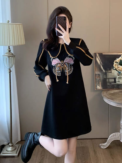 New autumn and winter fashionable temperament black dress women's Korean style loose doll collar slim long-sleeved age-reducing sweatshirt dress