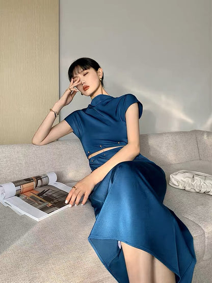 French dress for women 2023 spring and summer new style detachable bead buckle leaking waist temperament niche long skirt professional women's skirt