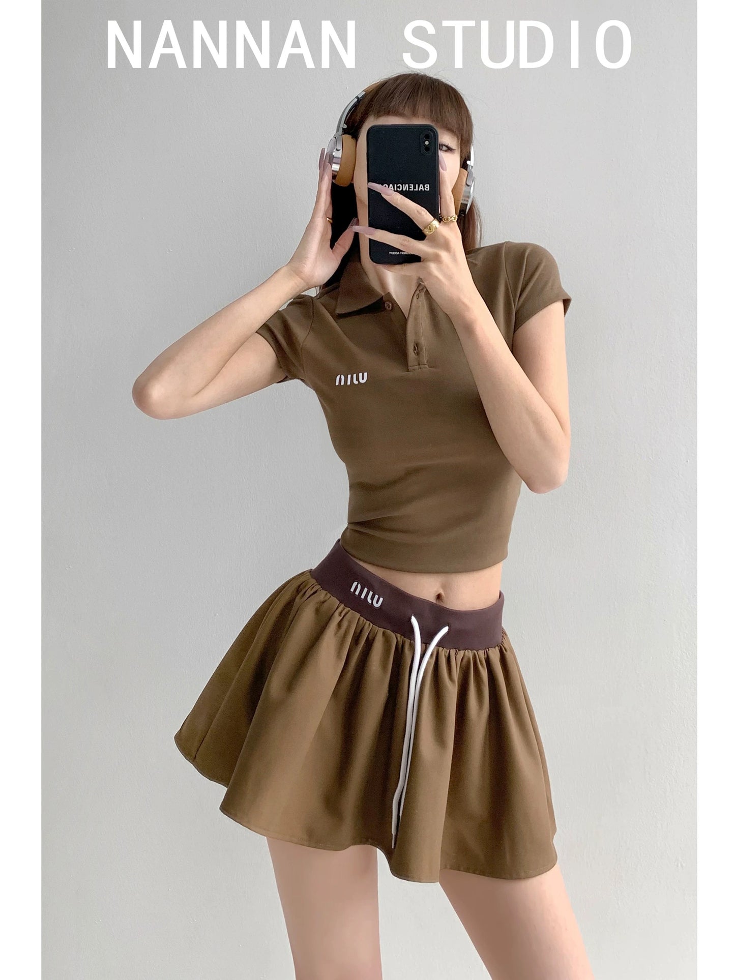 Rebellious college style · contrast color high waist sports style skirt + short sleeve POLO collar slim T-shirt top two-piece set