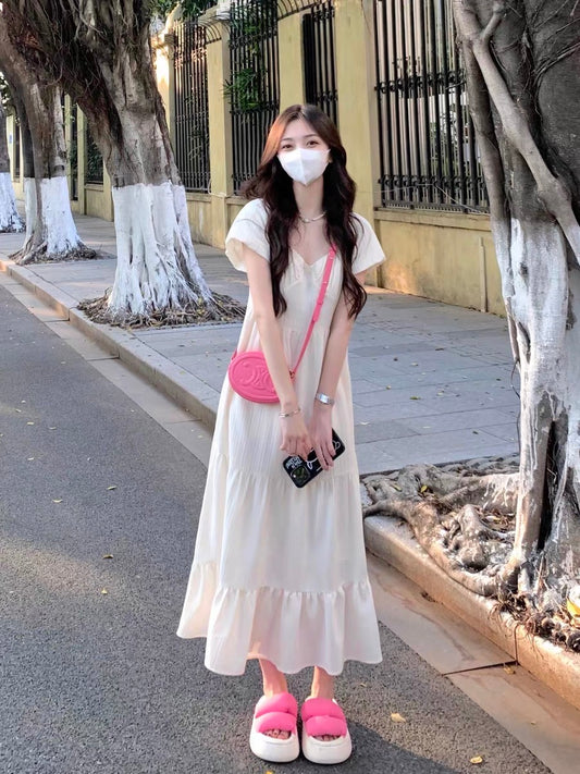 Plus size women's puff sleeve V-neck pleated dress women's 2024 summer new design loose and slim long skirt D249