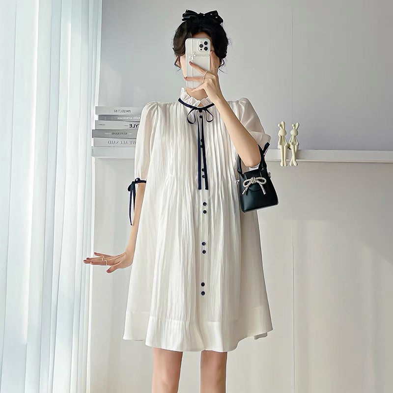 Maternity summer dress Korean style large size simple lotus leaf collar bow loose slimming belly-covering maternity dress summer style