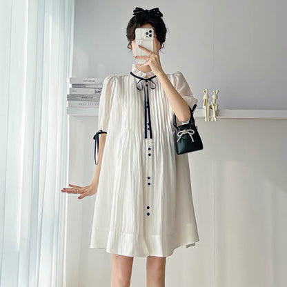 Maternity summer dress Korean style large size simple lotus leaf collar bow loose slimming belly-covering maternity dress summer style