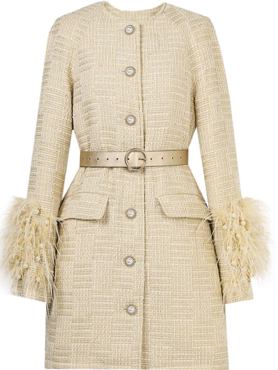 2023 winter new fashion temperament heavy industry beaded ostrich feather down lining tweed down jacket