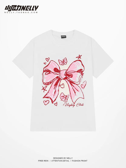 American trendy brand sweet cool bow tie t-shirt men and women short-sleeved summer 2024 hot style loose design tops ins