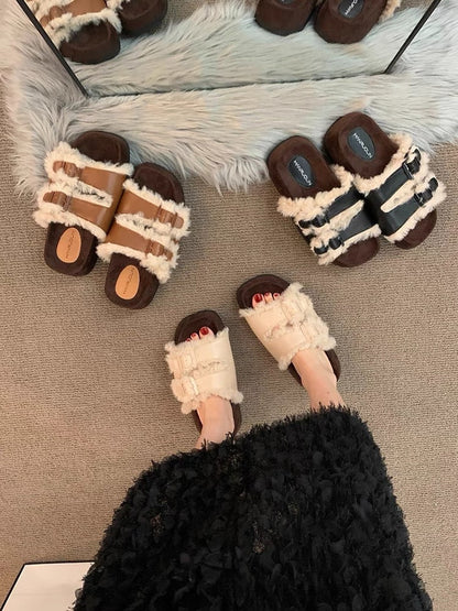 Thick-soled niche retro plush slippers outerwear women's summer 2023 new hot style net red super hot sandals and slippers high-end