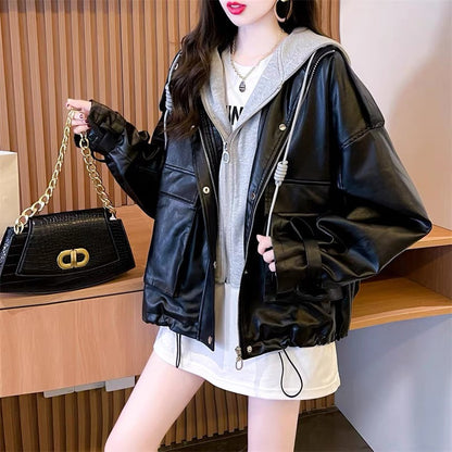 Lazy style stitching hooded fake two-piece coat for women 2023 Korean style autumn and autumn design loose leather jacket top (S0510)